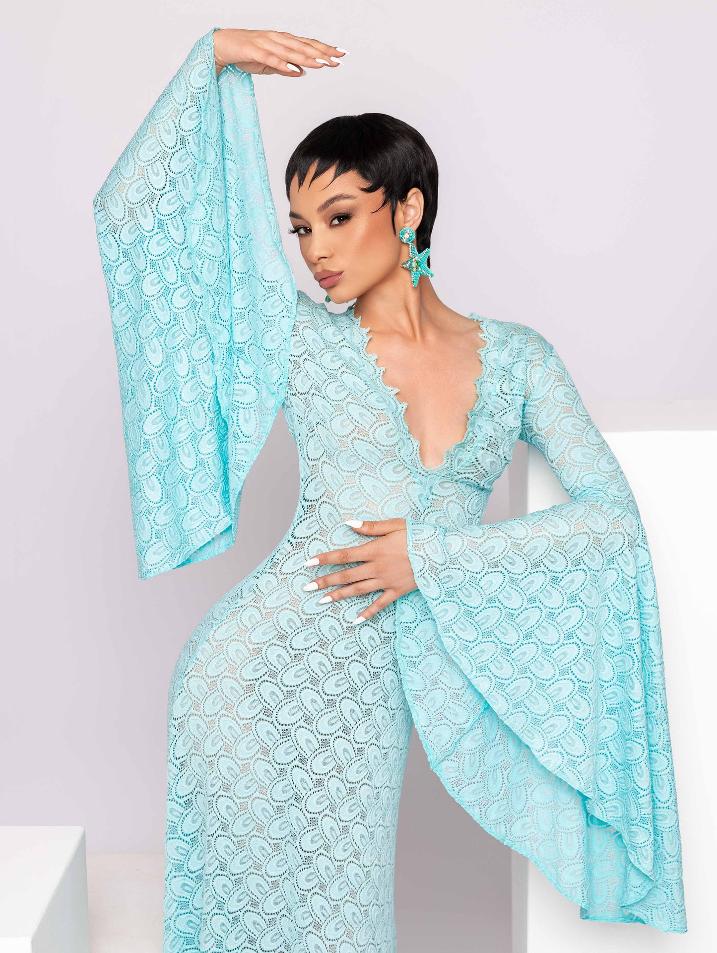 Дълга рокля от дантела “AVELINE AQUA”